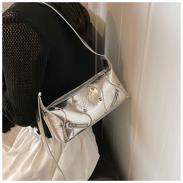 Ielgy Ladies Fashionable Hot Girl Style High-End Simple Shoulder Bag All-Match Silver Cross-Body Bag