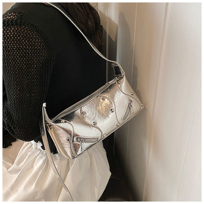Ielgy Ladies Fashionable Hot Girl Style High-End Simple Shoulder Bag All-Match Silver Cross-Body Bag