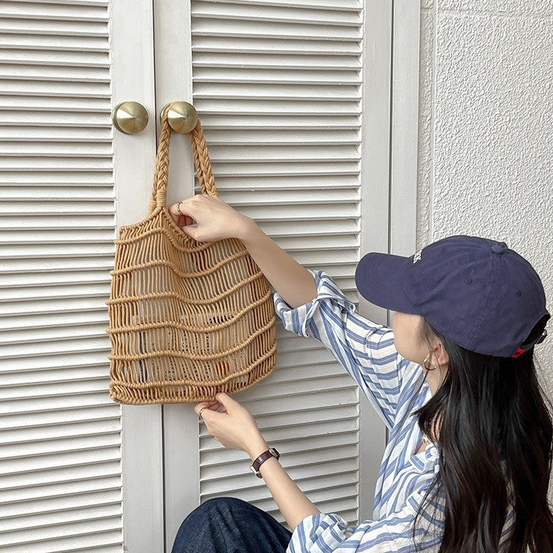 Ielgy Korean Version Retro Hollow One-Shoulder Cotton Thread Woven Bag Lazy Style Portable Straw Seaside Vacation Beach Bag