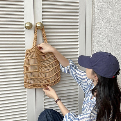 Ielgy Korean Version Retro Hollow One-Shoulder Cotton Thread Woven Bag Lazy Style Portable Straw Seaside Vacation Beach Bag