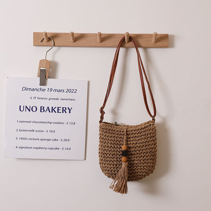 Ielgy One-Shoulder Messenger Straw Woven Female Bag Wooden Bead Tassel Woven Bag Vacation Style Beach Bag