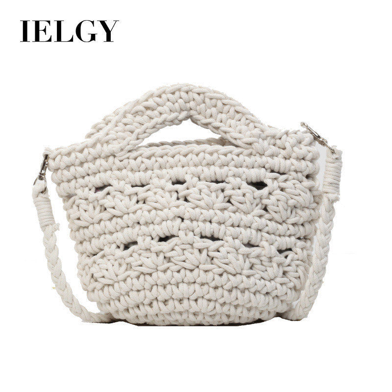 Ielgy Ladies Messenger Cotton Thread Woven Bag All-Match Hollow Straw Vacation Beach Bag Fresh