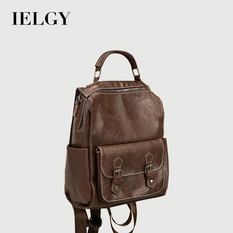 Ielgy Ladies Brown Backpack Retro British Style College Student Schoolbag Korean Version Simple Fashion Travel Backpack