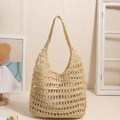 Ielgy French Large-Capacity One-Shoulder Straw Bag Seaside Vacation Hollow Tote Portable Beach Bag