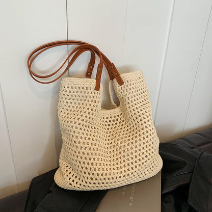 Ielgy Ladies Large-Capacity One-Shoulder Cotton Thread Woven Bag Hollow Mesh Pattern Tote Bag Seaside V