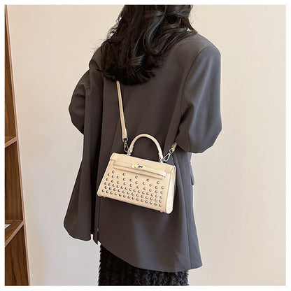 Ielgy Ladies Black Rivet Silver Buckle Messenger Bag