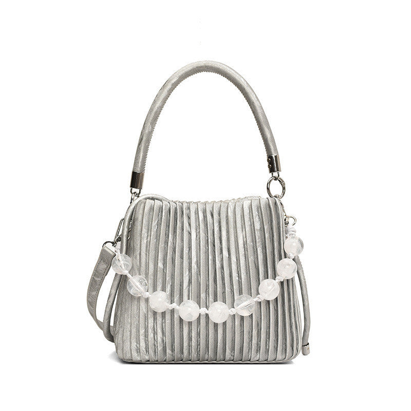 Ielgy Ladies Niche Pleated All-Match Messenger Bag Fashion Beaded Portable Bucket Bag