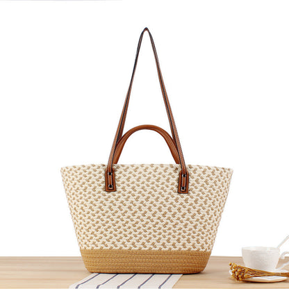 Ielgy Bohemian Style Hand-Woven Bag Seaside Vacation Travel Straw Woven Large Capacity Leisure Simple Commuter Female Bag