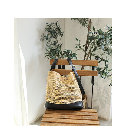 Ielgy Japanese Casual Stitching Child-Mother Bag Vacation Beach Straw Woven One-Shoulder Messenger Fe