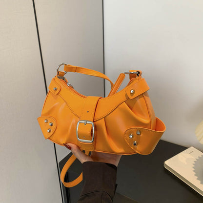 Ielgy Folded Motorcycle Style One-Shoulder Underarm Silver Bag Ladies Fashion Commuter Diagonal Small Square Bag