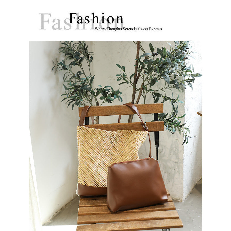Ielgy Japanese Casual Stitching Child-Mother Bag Vacation Beach Straw Woven One-Shoulder Messenger Fe