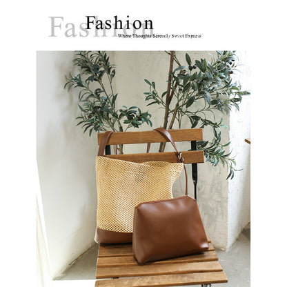 Ielgy Japanese Casual Stitching Child-Mother Bag Vacation Beach Straw Woven One-Shoulder Messenger Fe