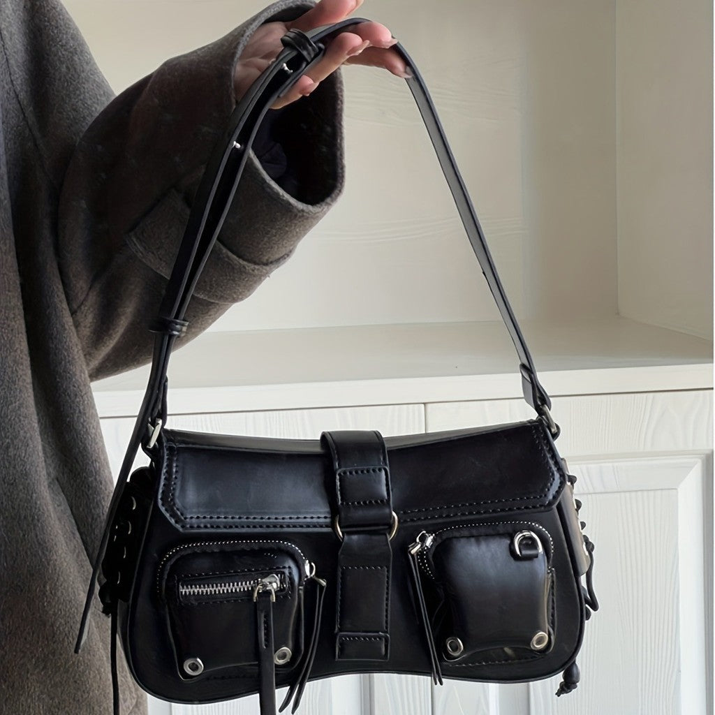 Ielgy High-End Feeling Black Motorcycle Bag Sweet Cool Hot Girl Baguette Bag Niche One-Shoulder Messenger Underarm Bag