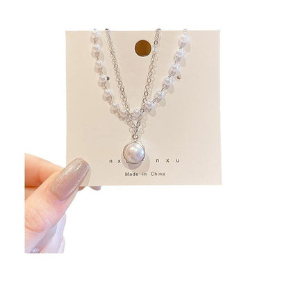 Ielgy Ladies Trendy All-Match Niche Double Pearl Pendant Necklace Simple Classy Necklace Clavicle Chain