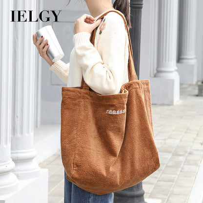Ielgy Japanese Casual Literary Handbag Letter Embroidery Canvas Shopping Bag Fashion Corduroy Shoulder Bag