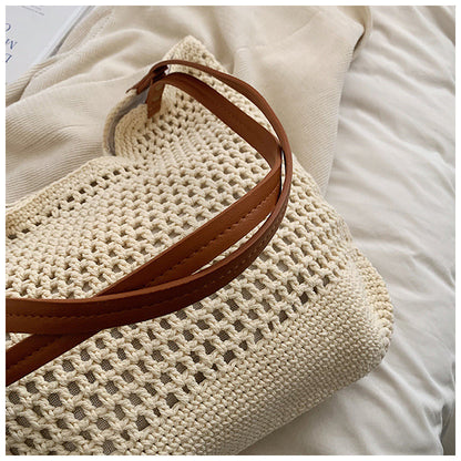 Ielgy Ladies Large-Capacity One-Shoulder Cotton Thread Woven Bag Hollow Mesh Pattern Tote Bag Seaside V