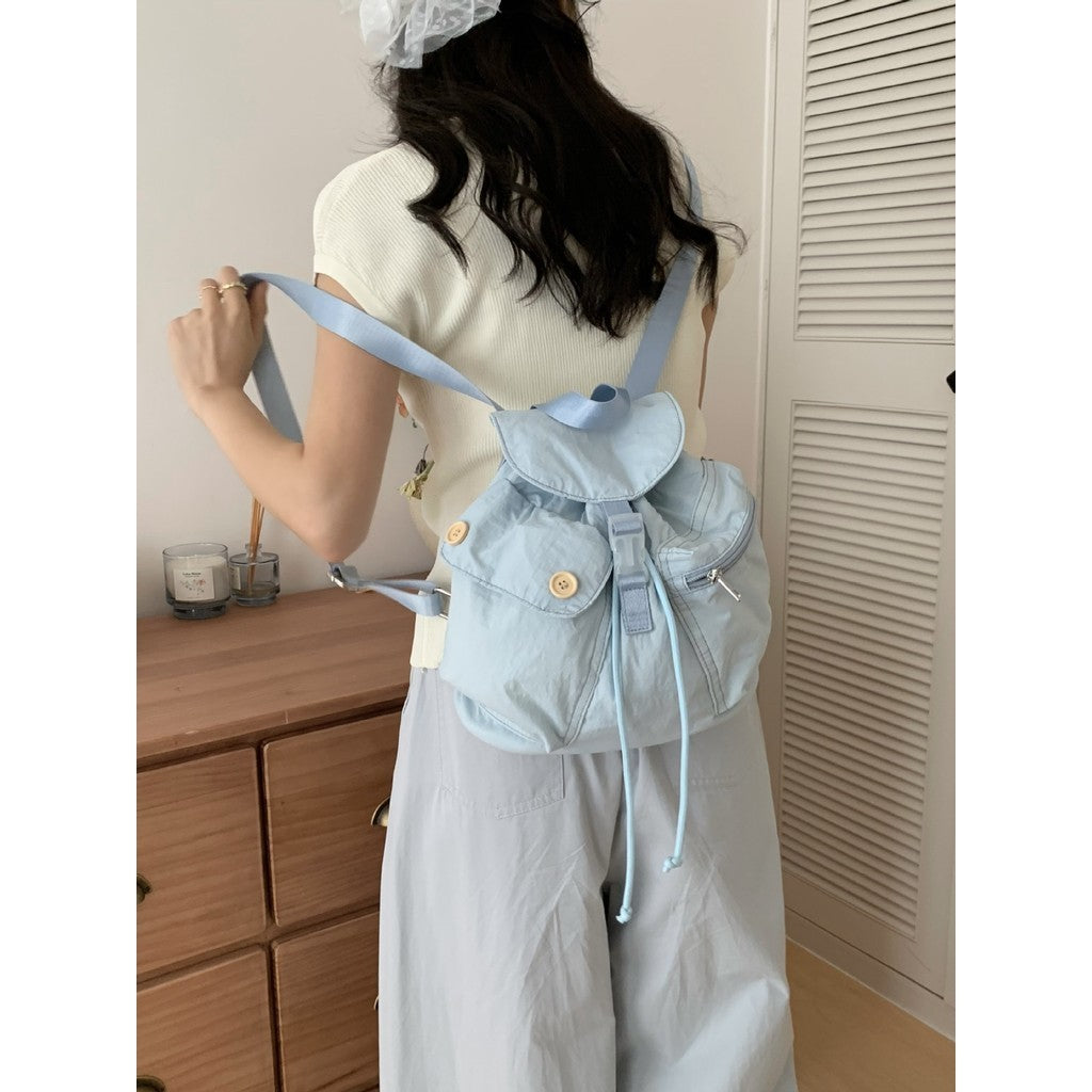 Ielgy New Style Korean Niche Design Outdoor Pocket Button Drawstring Backpack Nylon Backpack