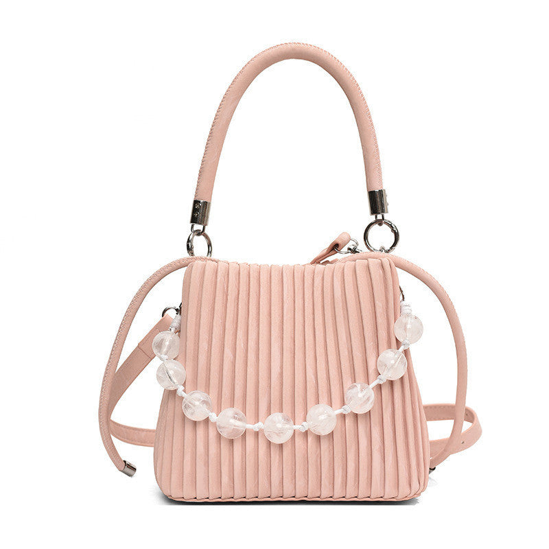 Ielgy Ladies Niche Pleated All-Match Messenger Bag Fashion Beaded Portable Bucket Bag