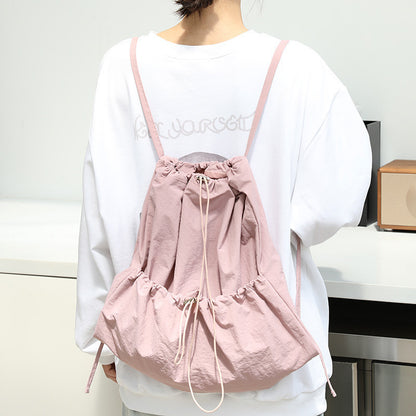 Ielgy Japanese Casual Art Canvas Backpack Fashion Drawstring Pleated School Bag Nylon Large-Capacity Backpack Khaki