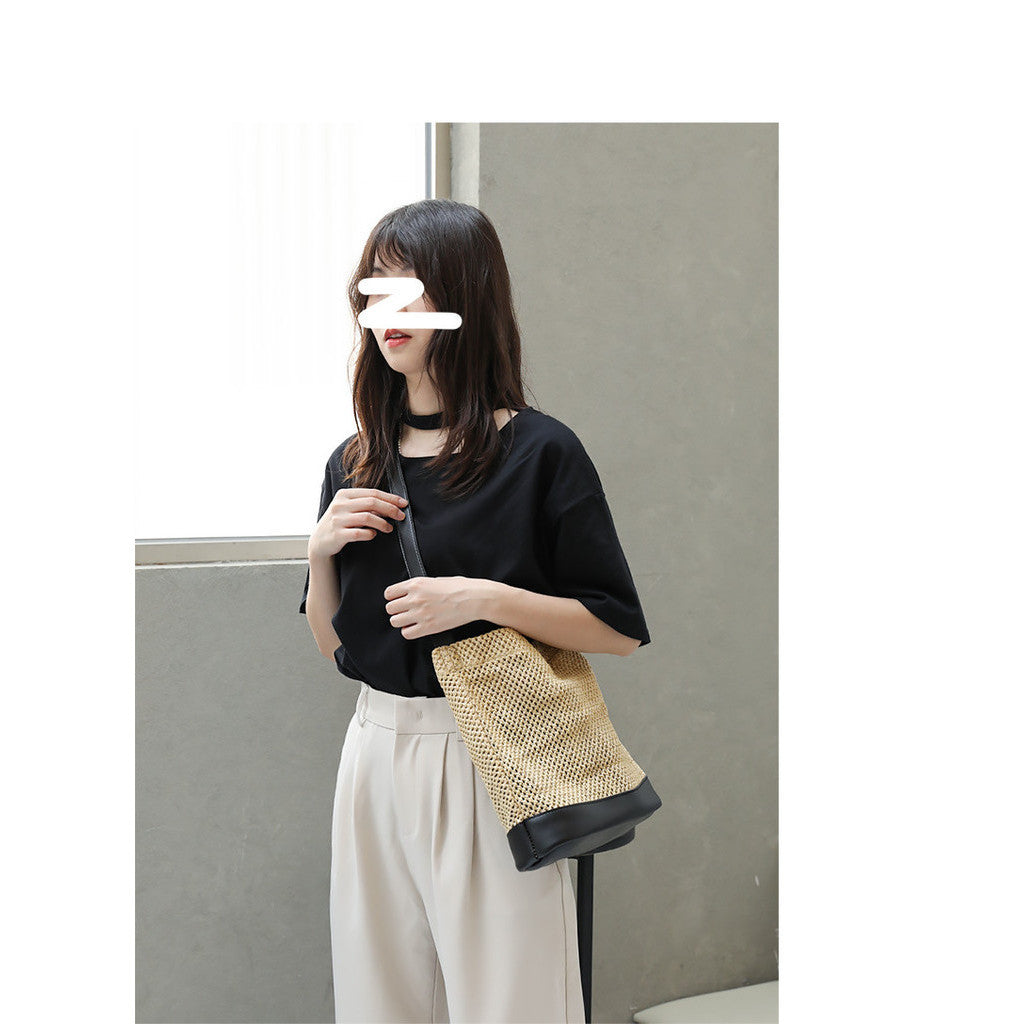 Ielgy Japanese Casual Stitching Child-Mother Bag Vacation Beach Straw Woven One-Shoulder Messenger Fe