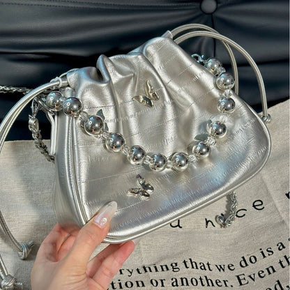 Ielgy Simple Fashion Bucket Female Bag Silver Shoulder Messenger Bag Drawstring Butterfly Eel Portable Small Square Bag