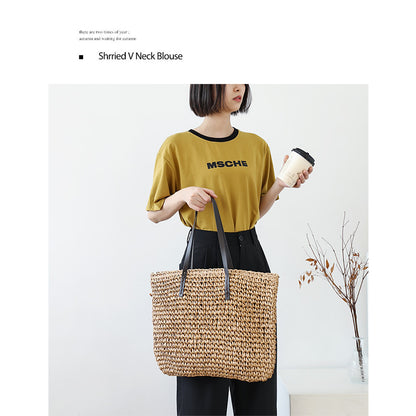 Ielgy Summer Pastoral Style Woven Beach Bag Leisure Seaside Vacation Portable Female Bag Large Capacity Straw Woven
