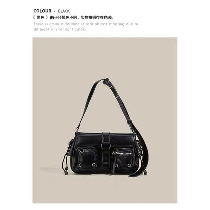 Ielgy High-End Feeling Black Motorcycle Bag Sweet Cool Hot Girl Baguette Bag Niche One-Shoulder Messenger Underarm Bag