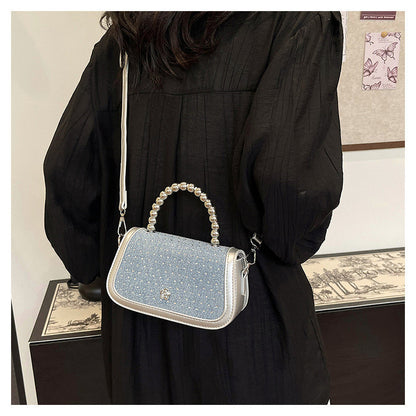 Ielgy Beaded Portable Denim Small Square Bag Summer All-Match Texture Fashion One-Shoulder Messenger Bag