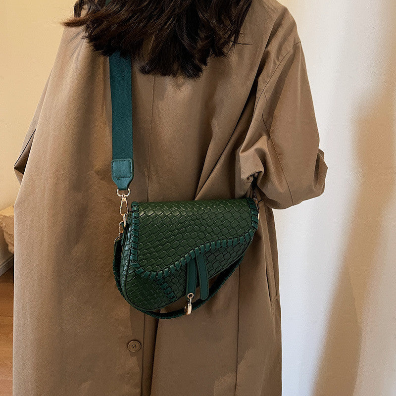 Ielgy Ladies Fashion One-Shoulder Messenger Bag Imitation Woven Fabric Large-Capacity Portable Saddle Bag