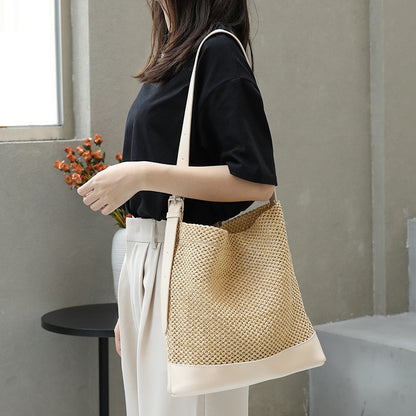 Ielgy Japanese Casual Stitching Child-Mother Bag Vacation Beach Straw Woven One-Shoulder Messenger Fe