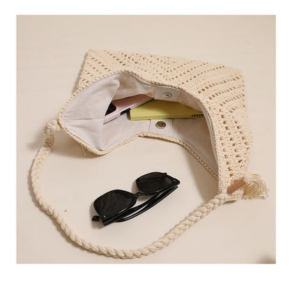 Ielgy All-Match Triangle Hollow Cross-Body Cotton Thread Woven Female Bag Leisure Straw Woven Vac