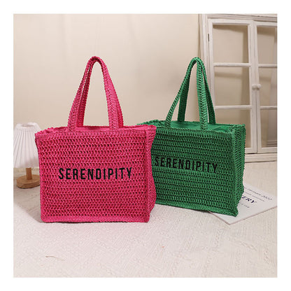 Ielgy Ladies Square Straw Bag Letter Embroidery One-Shoulder Portable Large-Capacity Woven Bag Vacation Be