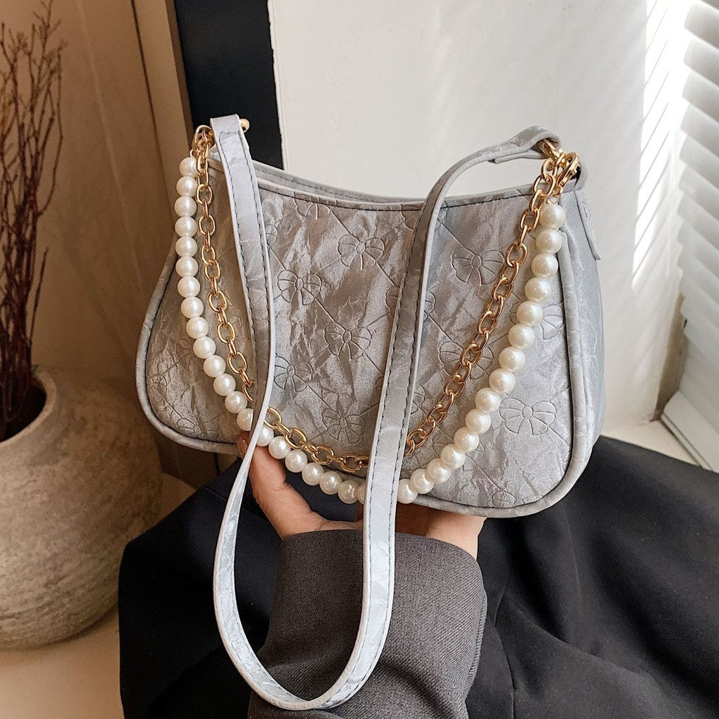 Ielgy Pearl Chain Bag Fashion Underarm Bag All-Match One-Shoulder Messenger Small Square Bag