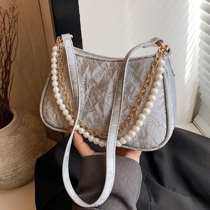 Ielgy Pearl Chain Bag Fashion Underarm Bag All-Match One-Shoulder Messenger Small Square Bag