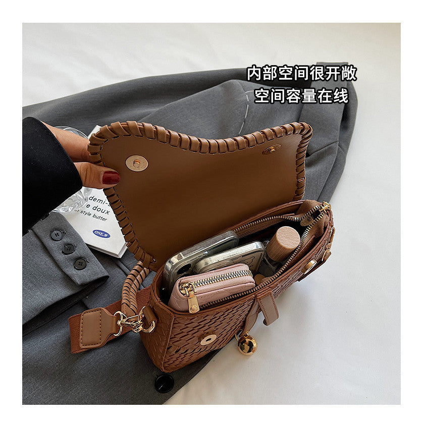 Ielgy Ladies Fashion One-Shoulder Messenger Bag Imitation Woven Fabric Large-Capacity Portable Saddle Bag