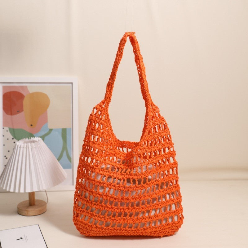 Ielgy French Large-Capacity One-Shoulder Straw Bag Seaside Vacation Hollow Tote Portable Beach Bag