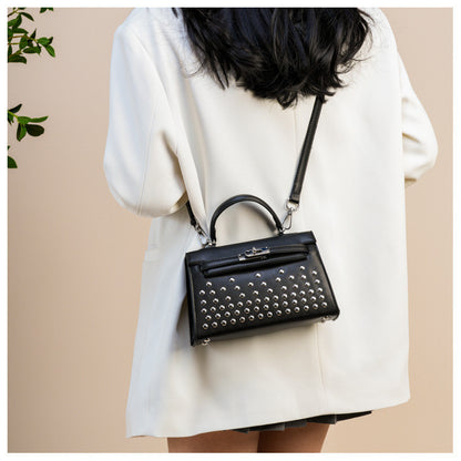 Ielgy Ladies Black Rivet Silver Buckle Messenger Bag