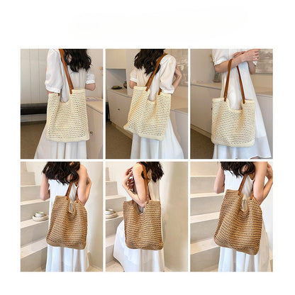 Ielgy Ladies Large-Capacity One-Shoulder Cotton Thread Woven Bag Hollow Mesh Pattern Tote Bag Seaside V