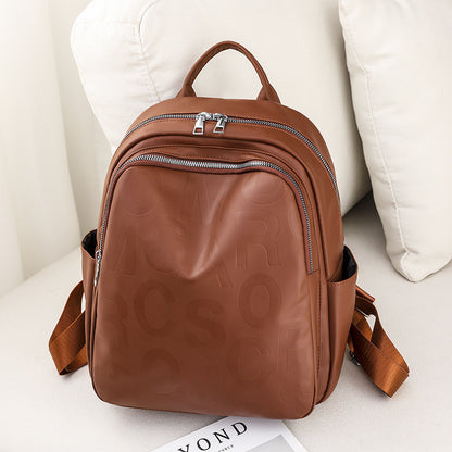 Ielgy Ladies PU Soft Leather Texture Backpack Fashion Letter Printing Travel Bag Simple Lightweight Commuter Bag