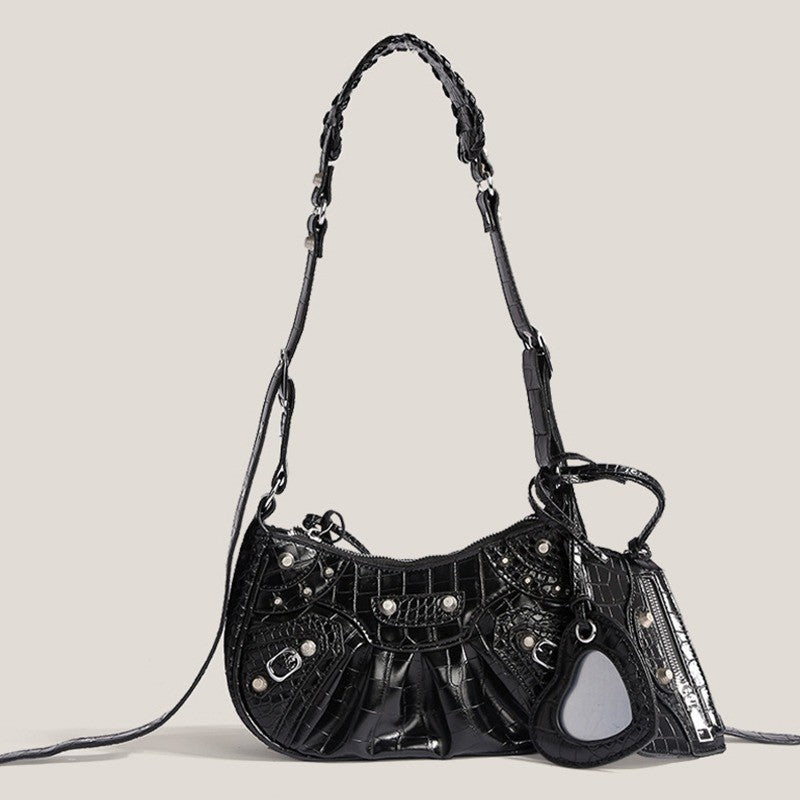 Ielgy Fashion Trendy Motorcycle Bag Underarm Bag Rivet Tassel High-End Feeling Pleated Shoulder Messenger Female Bag