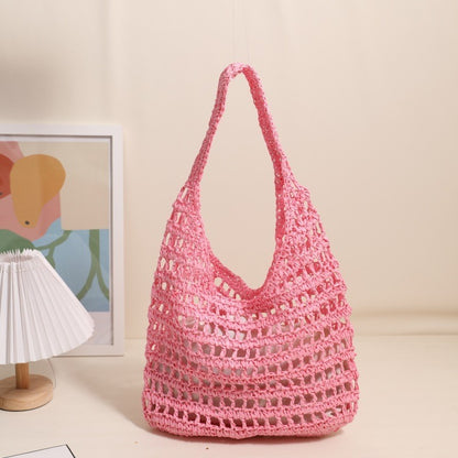 Ielgy French Large-Capacity One-Shoulder Straw Bag Seaside Vacation Hollow Tote Portable Beach Bag