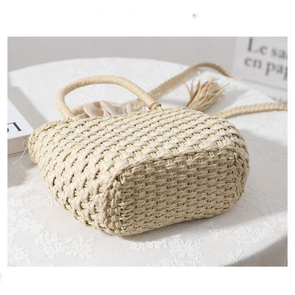 Ielgy Straw Bag Cute Handmade Bucket Rattan Bag One Shoulder Messenger Woven Bag