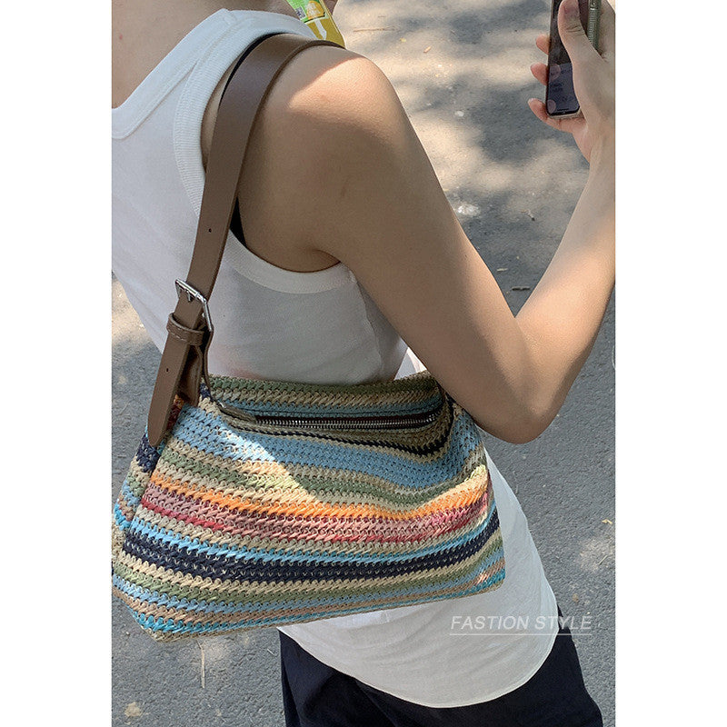 Ielgy Niche Woven Underarm Bag Fashion Portable Straw Woven All-Match One-Shoulder Messenger Bag