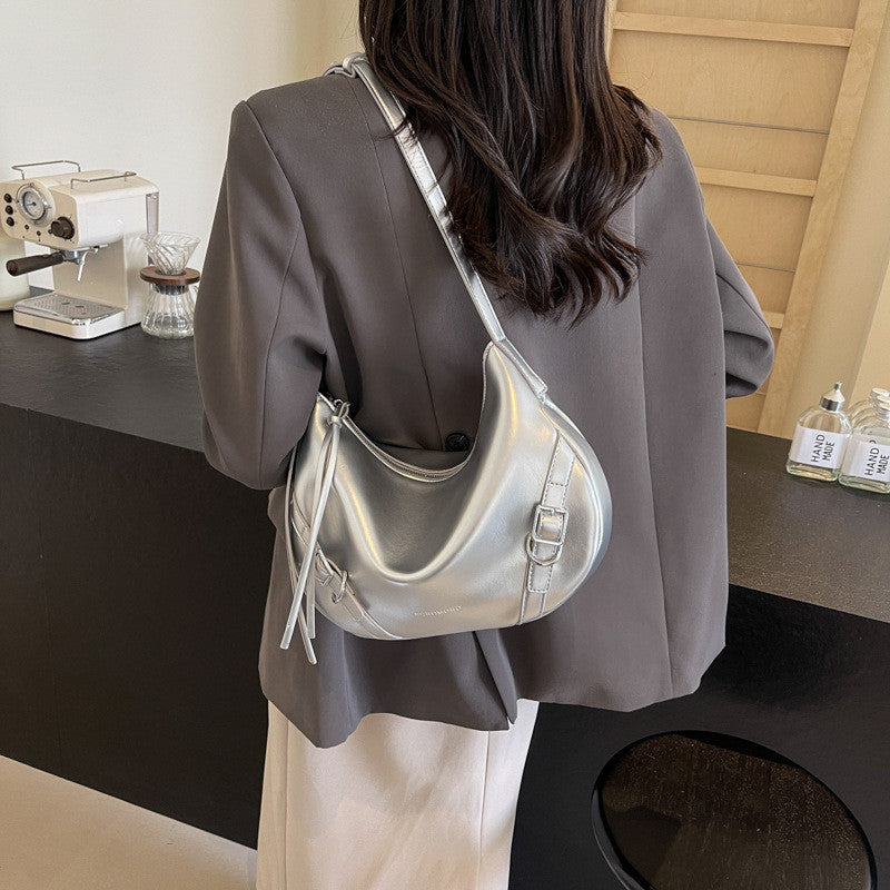 Ielgy Large-Capacity Commuter Underarm Bag Ladies Silver Trendy Fashion Niche Shoulder Bag Texture All-Match Mess