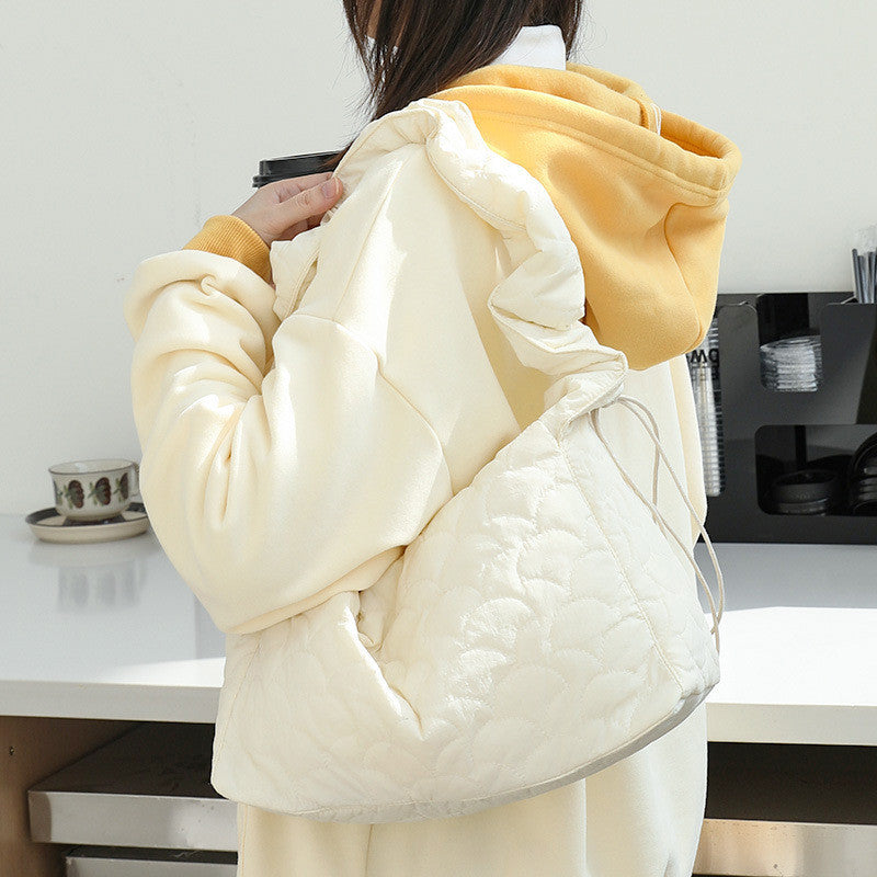Ielgy Japanese Casual Drawstring Canvas Underarm Bag Fashion Embroidery Thread One Shoulder Pleated Quilted Messenger