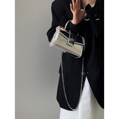 Ielgy Ladies Patent Leather Silver Locomotive Small Square Bag Hot Girl Fashion All-Match One-Shoulder Messenger Bag