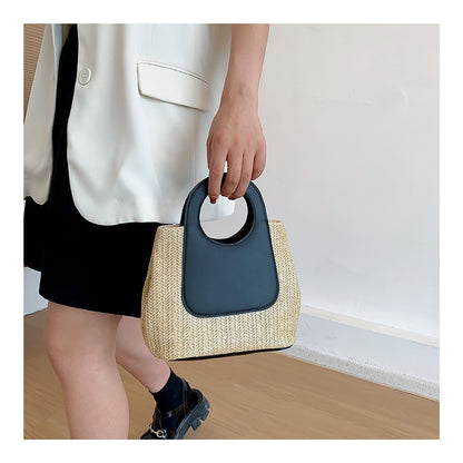 Ielgy Ladies Retro Contrast Color Stitching Straw Bag Large Capacity Hand-Woven Bag Simple Fashion One-Shoulder Handba