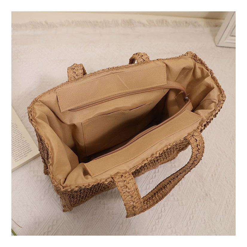 Ielgy Ladies Square Straw Bag Letter Embroidery One-Shoulder Portable Large-Capacity Woven Bag Vacation Be