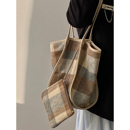 Ielgy Korean Woolen Large-Capacity Tote Bag Trendy Shoulder Handbag