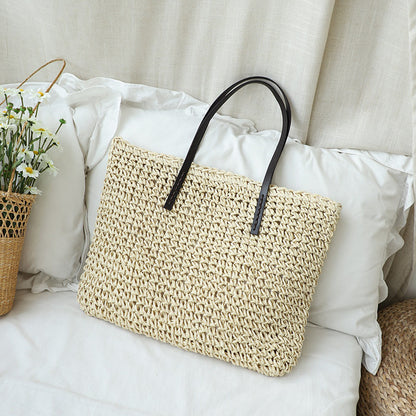 Ielgy Summer Pastoral Style Woven Beach Bag Leisure Seaside Vacation Portable Female Bag Large Capacity Straw Woven